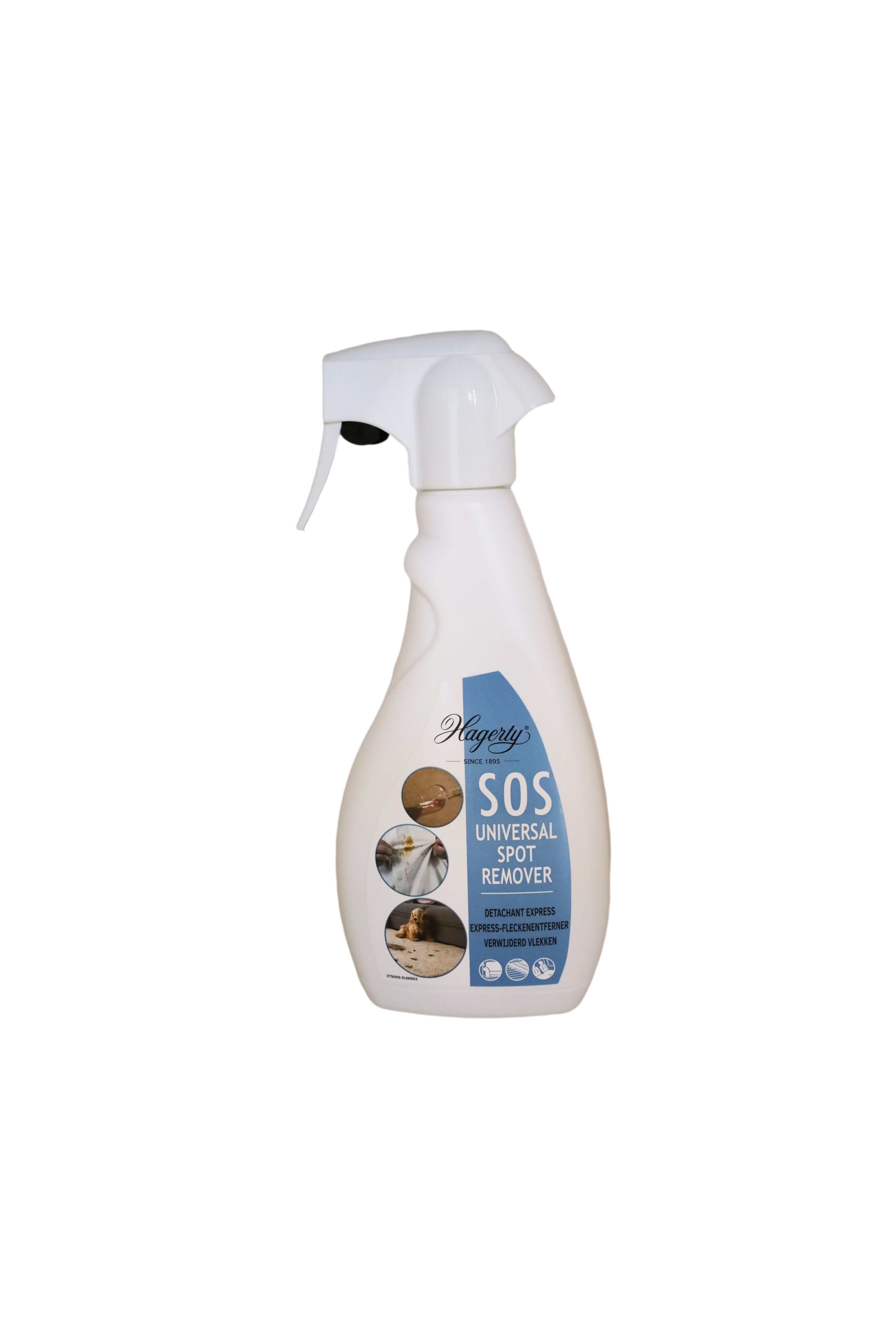 Hagerty SOS spot remover in a 500ml bottle, suitable for cleaning and stain removal of various surfaces.