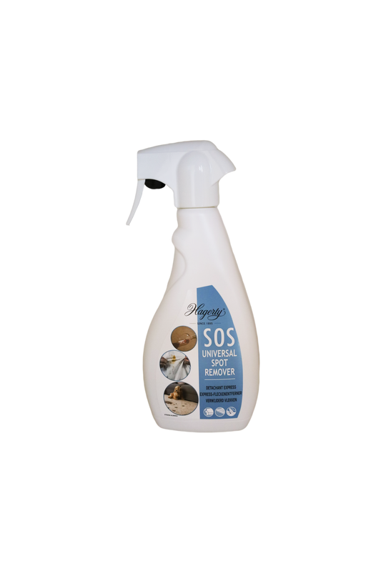 Hagerty SOS spot remover in a 500ml bottle, suitable for cleaning and stain removal of various surfaces.