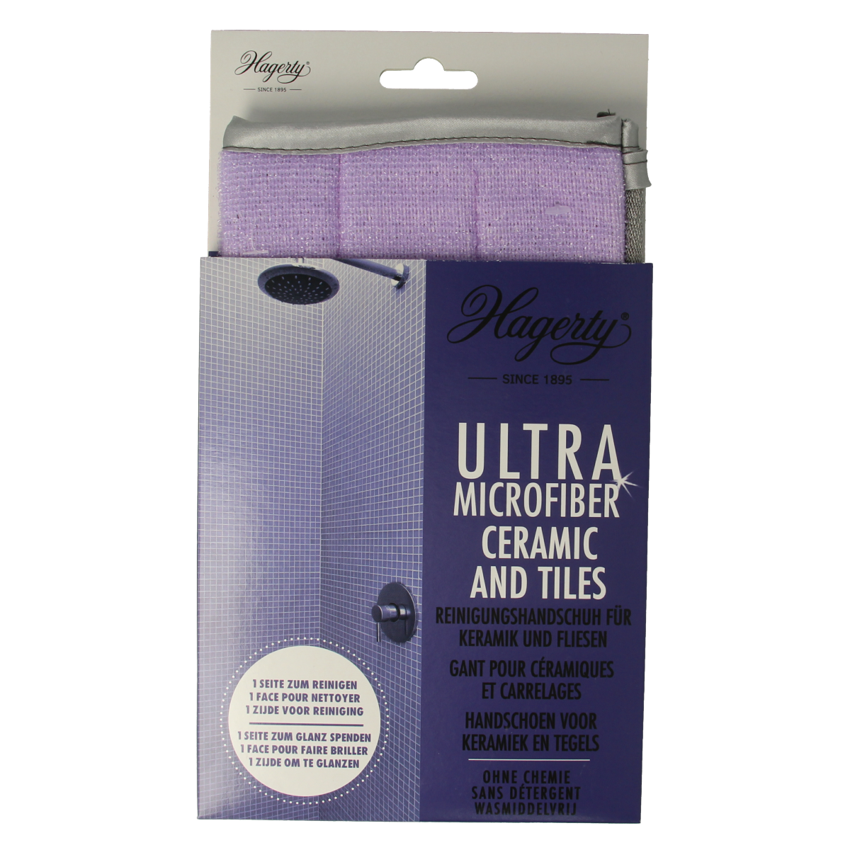 Hagerty microfiber gloves for cleaning ceramics and tiles, showing the gloves on a hand for dusting and scrubbing surfaces.