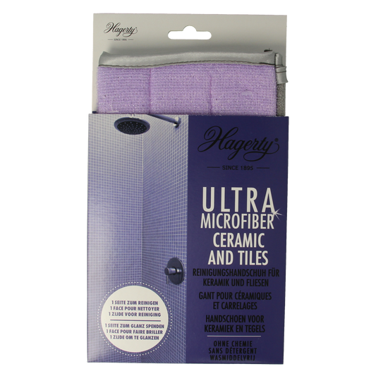 Hagerty microfiber gloves for cleaning ceramics and tiles, showing the gloves on a hand for dusting and scrubbing surfaces.