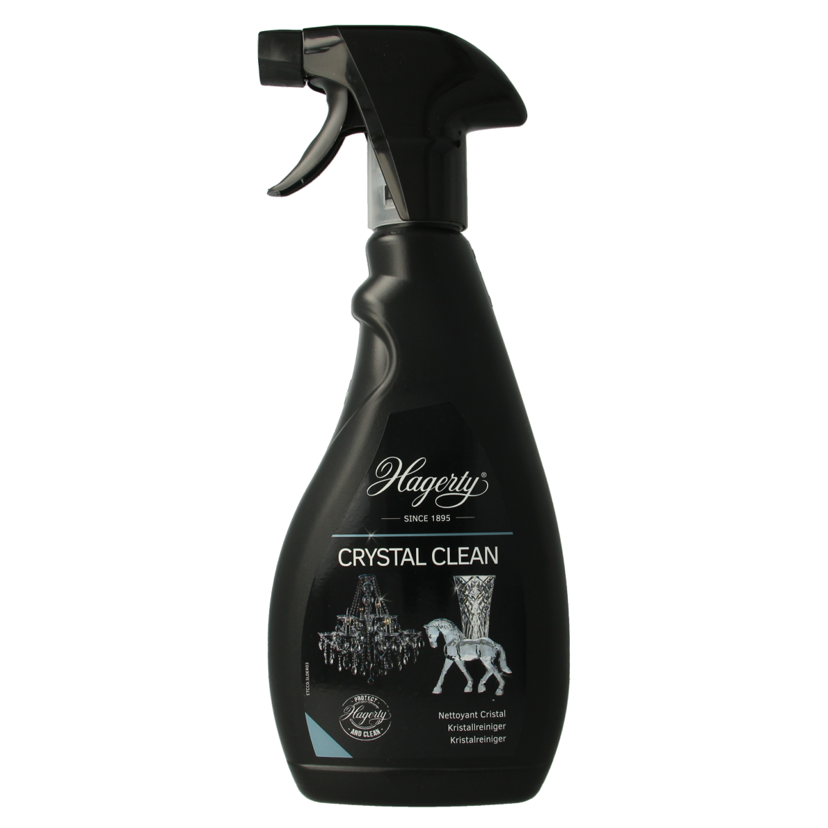 Hagerty Crystal Clean spray bottle, 500ml, a cleaning product for glass and crystal surfaces with a spray nozzle.