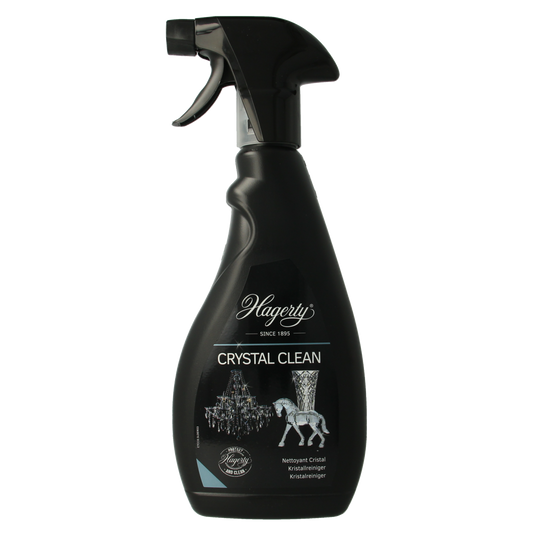 Hagerty Crystal Clean spray bottle, 500ml, a cleaning product for glass and crystal surfaces with a spray nozzle.