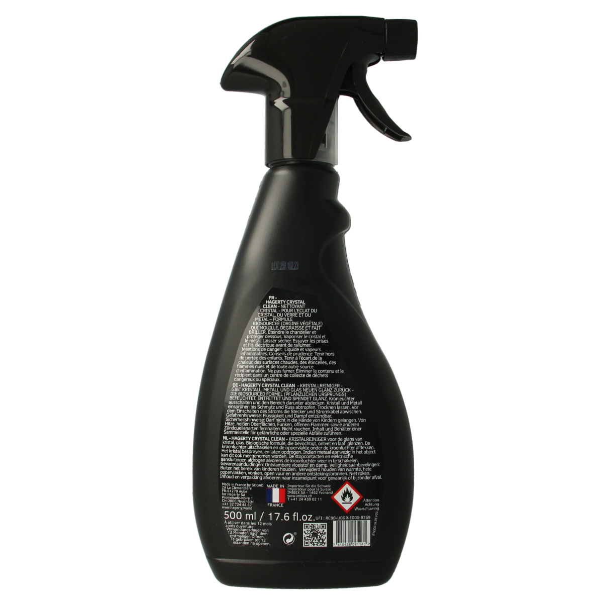 Hagerty Crystal Clean spray bottle, 500ml, a cleaning product for glass and crystal surfaces with a spray nozzle.
