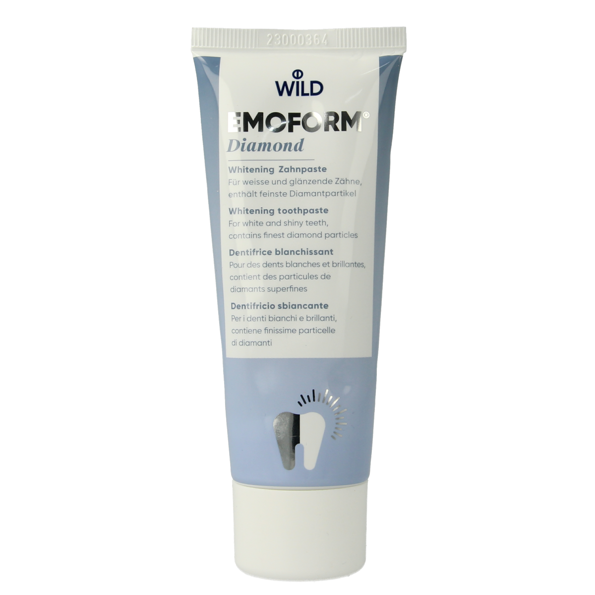 Emoform Diamond Whitening toothpaste with fluoride in a 75ml tube, designed for brightening teeth and oral health.
