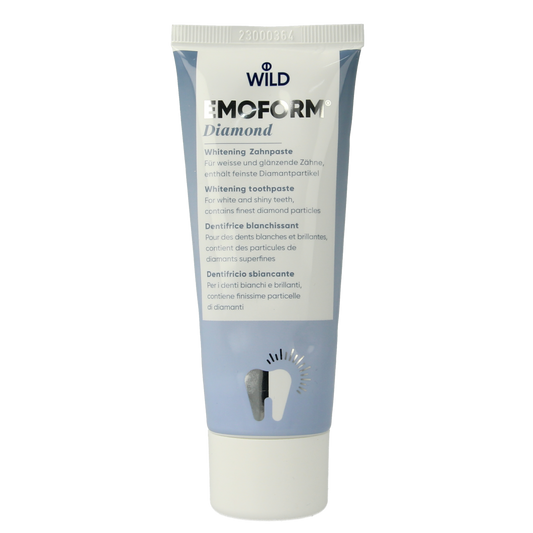 Emoform Diamond Whitening toothpaste with fluoride in a 75ml tube, designed for brightening teeth and oral health.