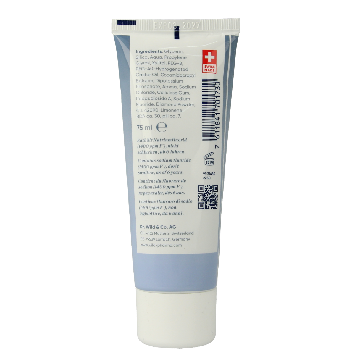 Emoform Diamond Whitening toothpaste with fluoride in a 75ml tube, featuring a bright, clean design with a diamond symbol.