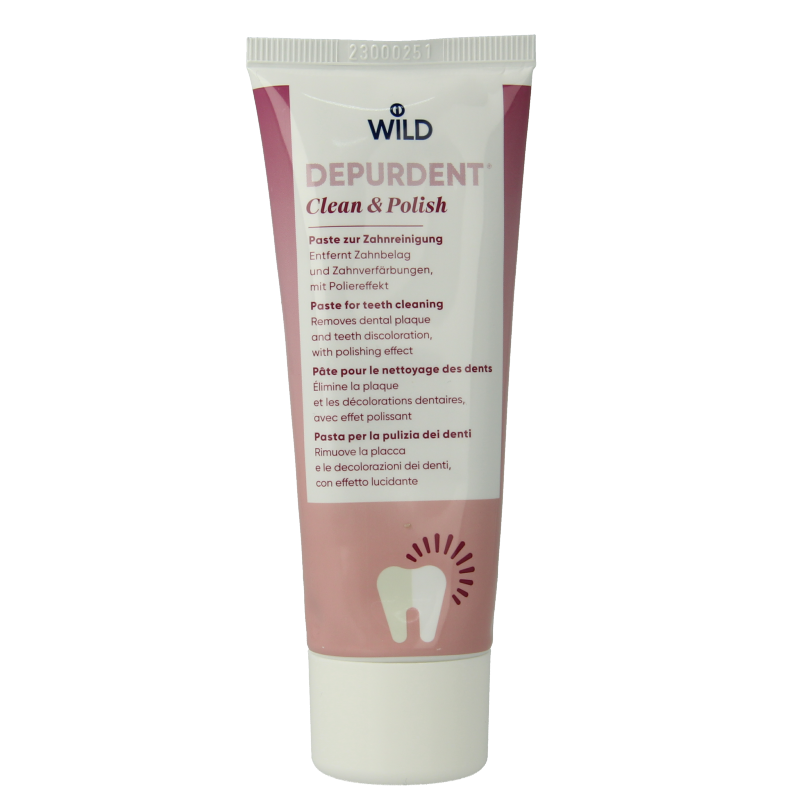 Wild Depurdent clean and polish whitening toothpaste in 75ml tube, featuring a white and blue packaging with mint flavor accents.