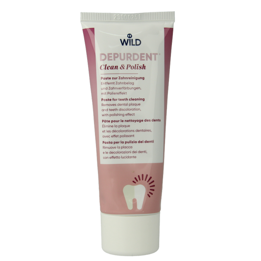 Wild Depurdent clean and polish whitening toothpaste in 75ml tube, featuring a white and blue packaging with mint flavor accents.