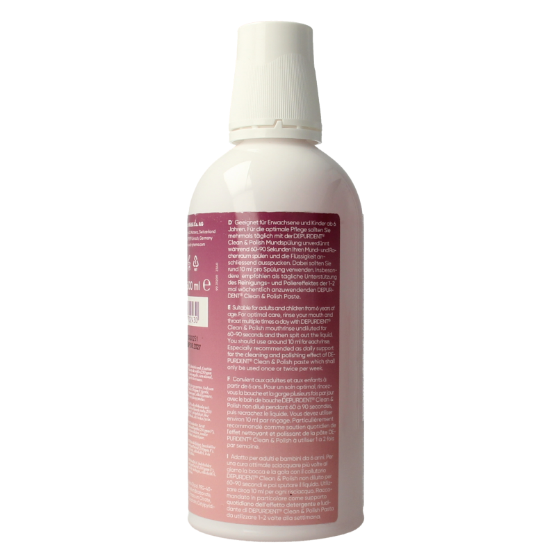 Wild Depurdent clean and polish mouthwash in a 500ml bottle, showcasing the cap and label with brand and product details.