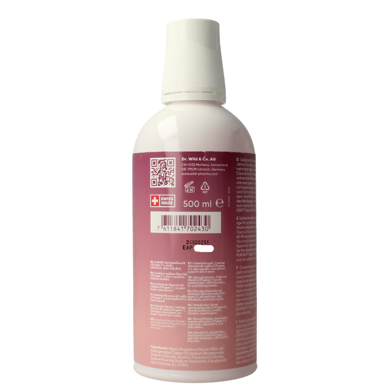 Wild Depurdent clean and polish mouthwash in a 500ml bottle, featuring a clear liquid and label with product details.