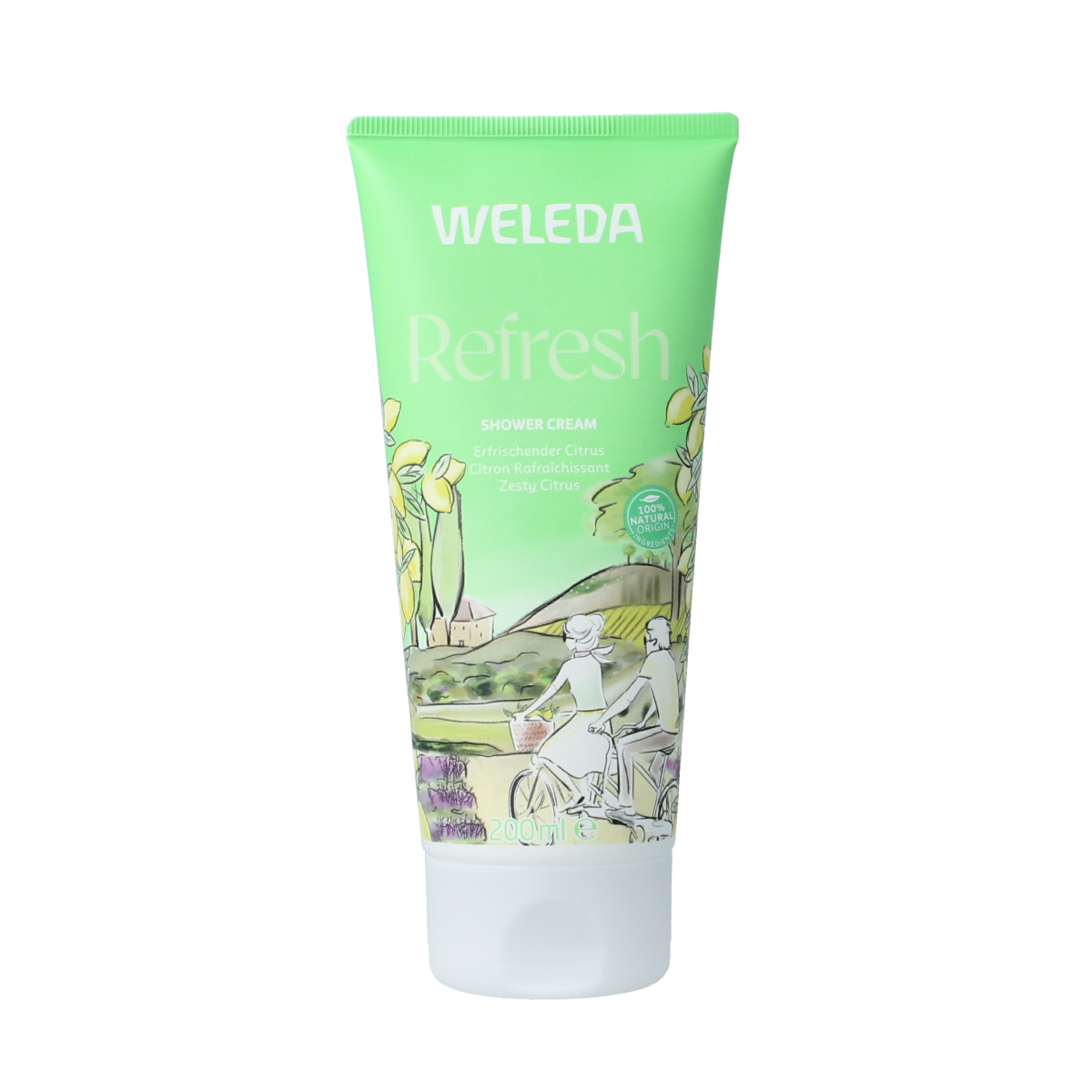Weleda Citrus Refresh douchecreme in 200ml bottle, gentle bath and shower product with citrus scent for refreshing skin.