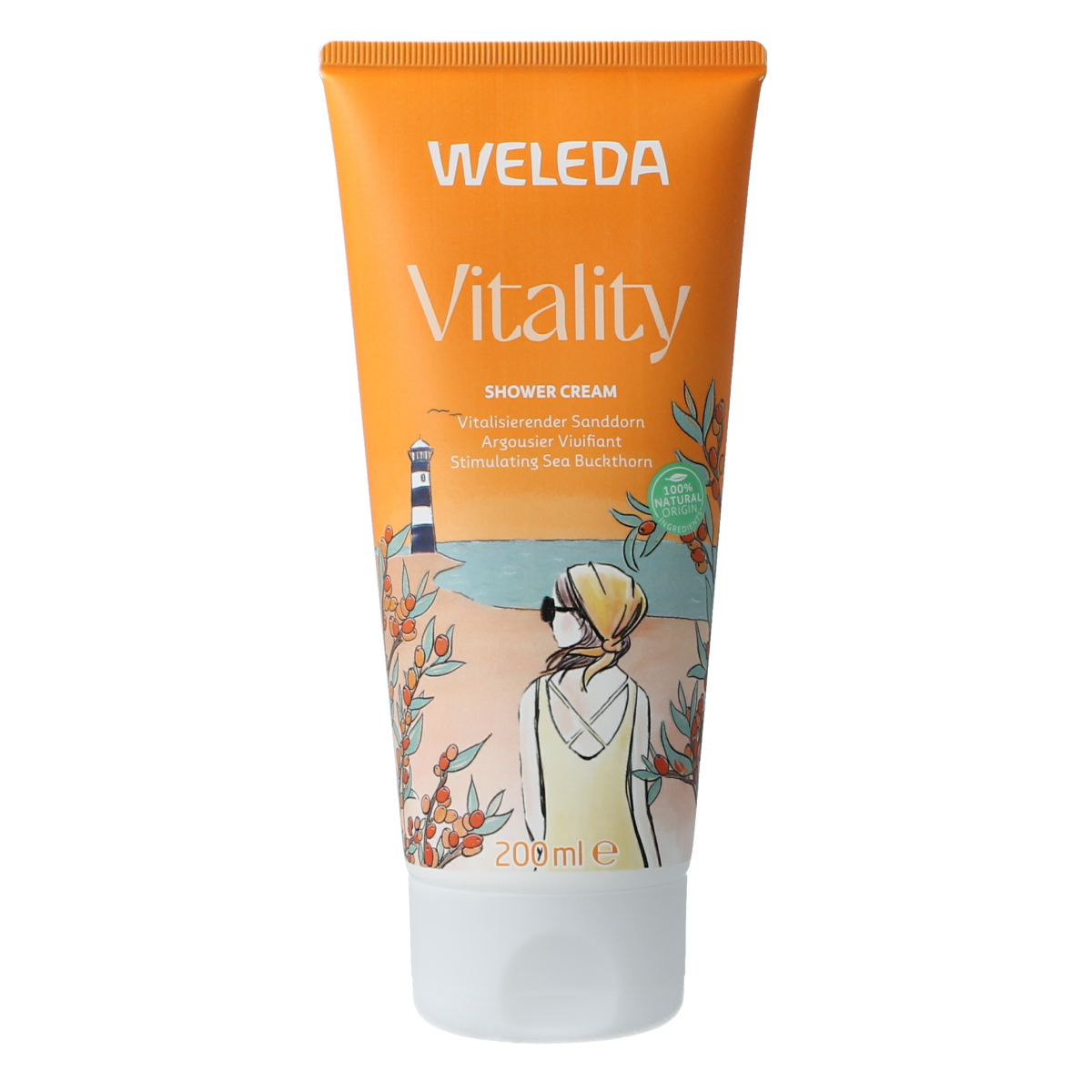 Weleda Duindoorn vitaliserende douchecreme in 200ml, a nourishing shower gel with orange and sea buckthorn for revitalizing skin.