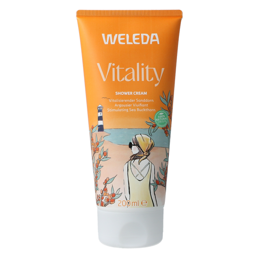 Weleda Duindoorn vitaliserende douchecreme in 200ml, a nourishing shower gel with orange and sea buckthorn for revitalizing skin.