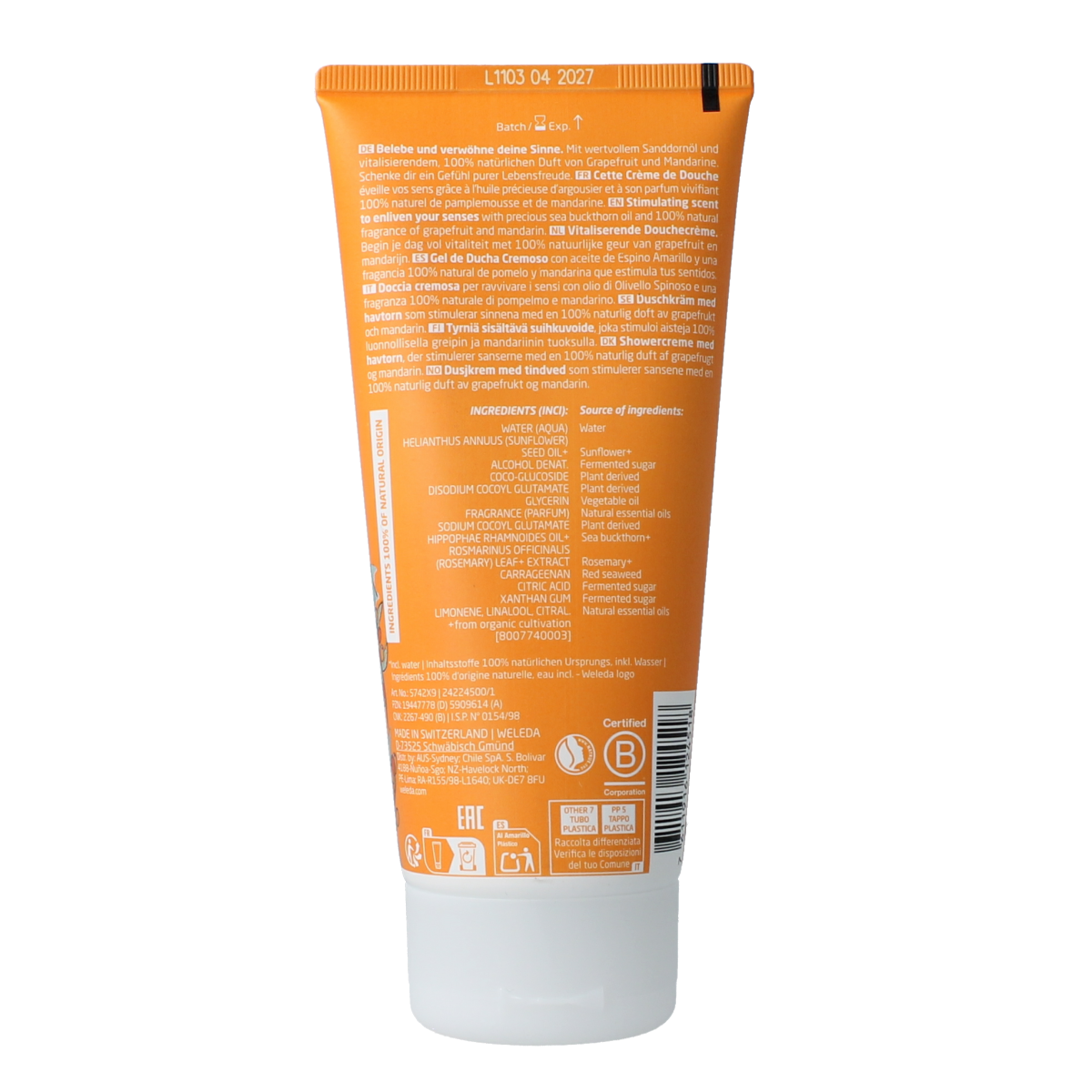 Weleda Duindoorn vitaliserende douchecreme in 200ml bottle, gentle skin cleanser with nourishing ingredients for daily use