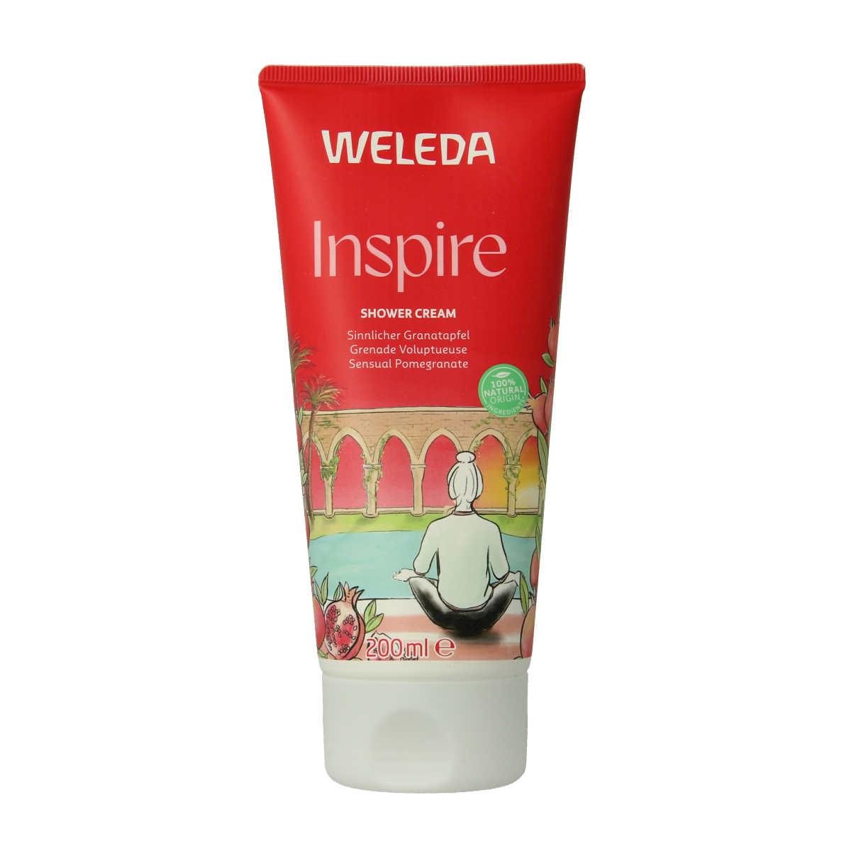 Weleda Inspire douche creme in 200ml bottle, gentle bath and shower product with natural ingredients for skin care.