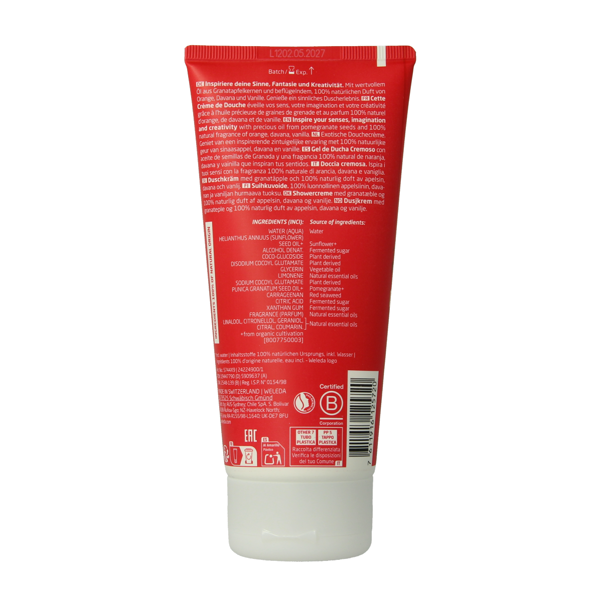 Weleda Inspire douchecreme in 200ml bottle, featuring a white and purple design, suitable for gentle hygiene and refreshing shower.