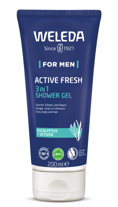 Weleda Men Active Fresh 3-in-1 douchegel in a 200ml bottle, designed for body, face, and hair cleansing.