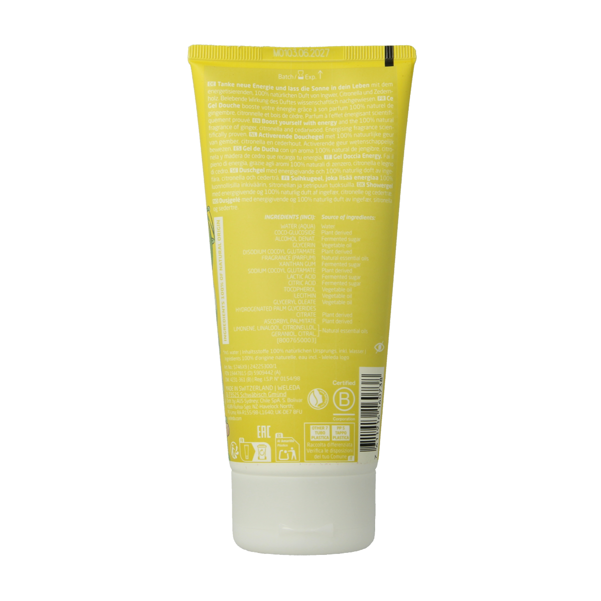 Weleda Energy douchegel 200ml, gentle body and shower gel with natural ingredients, visible blue gel in a clear bottle.