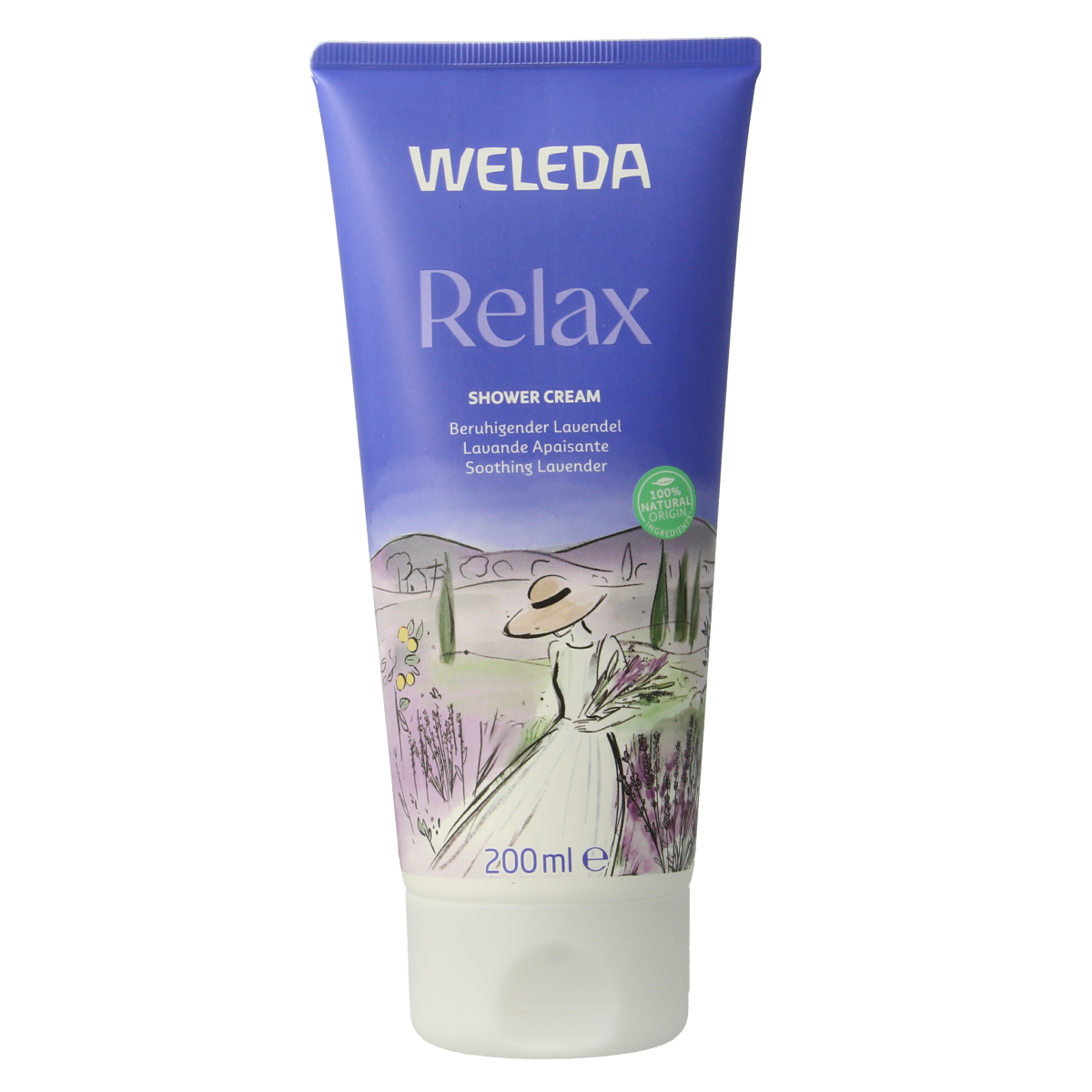 Weleda Relax douchecreme bottle for bath and shower, featuring soothing ingredients and a gentle design, 200ml size.