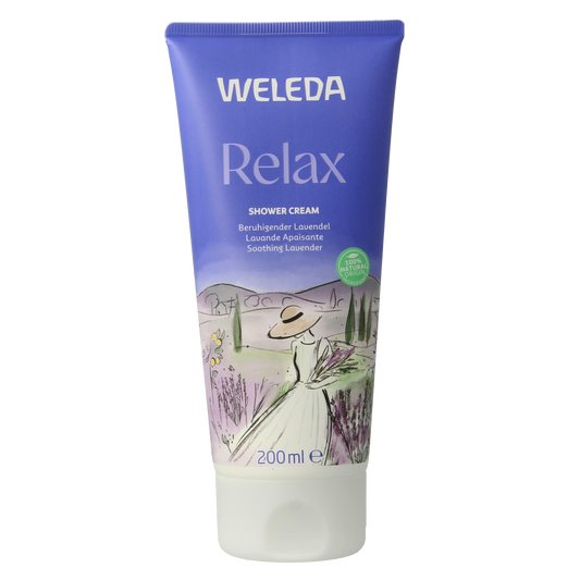 Weleda Relax douchecreme bottle for bath and shower, featuring soothing ingredients and a gentle design, 200ml size.
