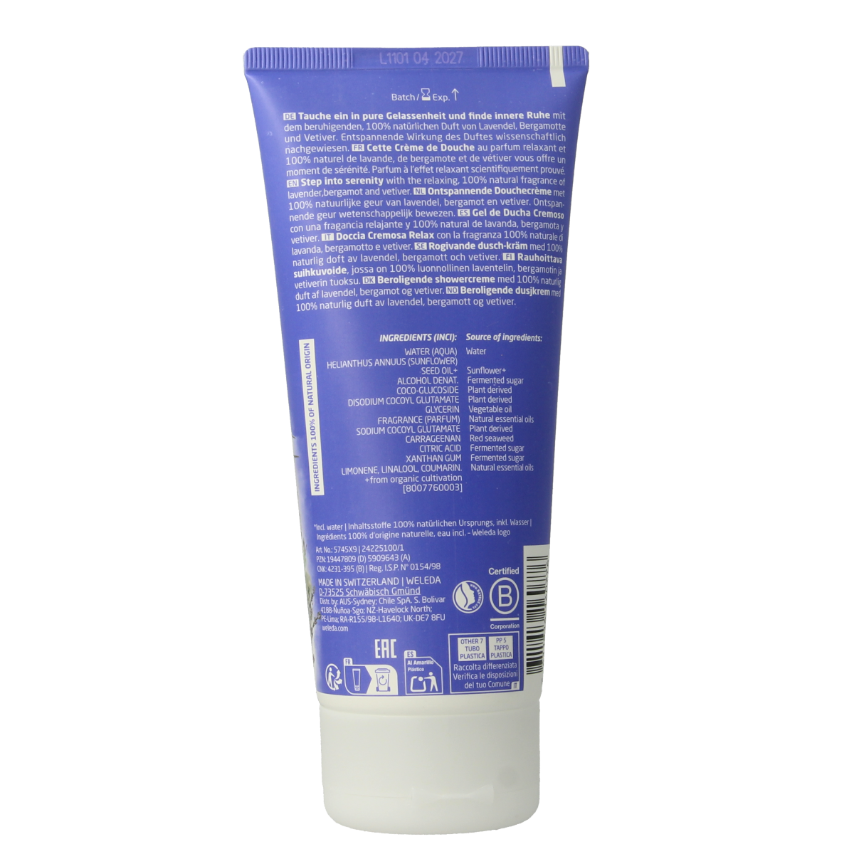 Weleda Relax douchecreme 200ml in a white bottle with a flip-top cap, designed for soothing bath and shower use.
