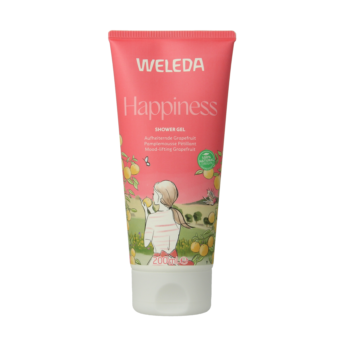 Weleda Happiness limited edition douchegel bottle, 200ml, with natural ingredients and soothing refreshment for daily use.