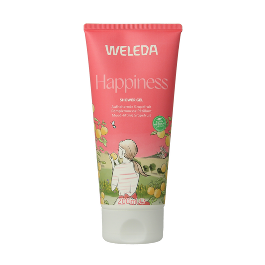 Weleda Happiness limited edition douchegel bottle, 200ml, with natural ingredients and soothing refreshment for daily use.