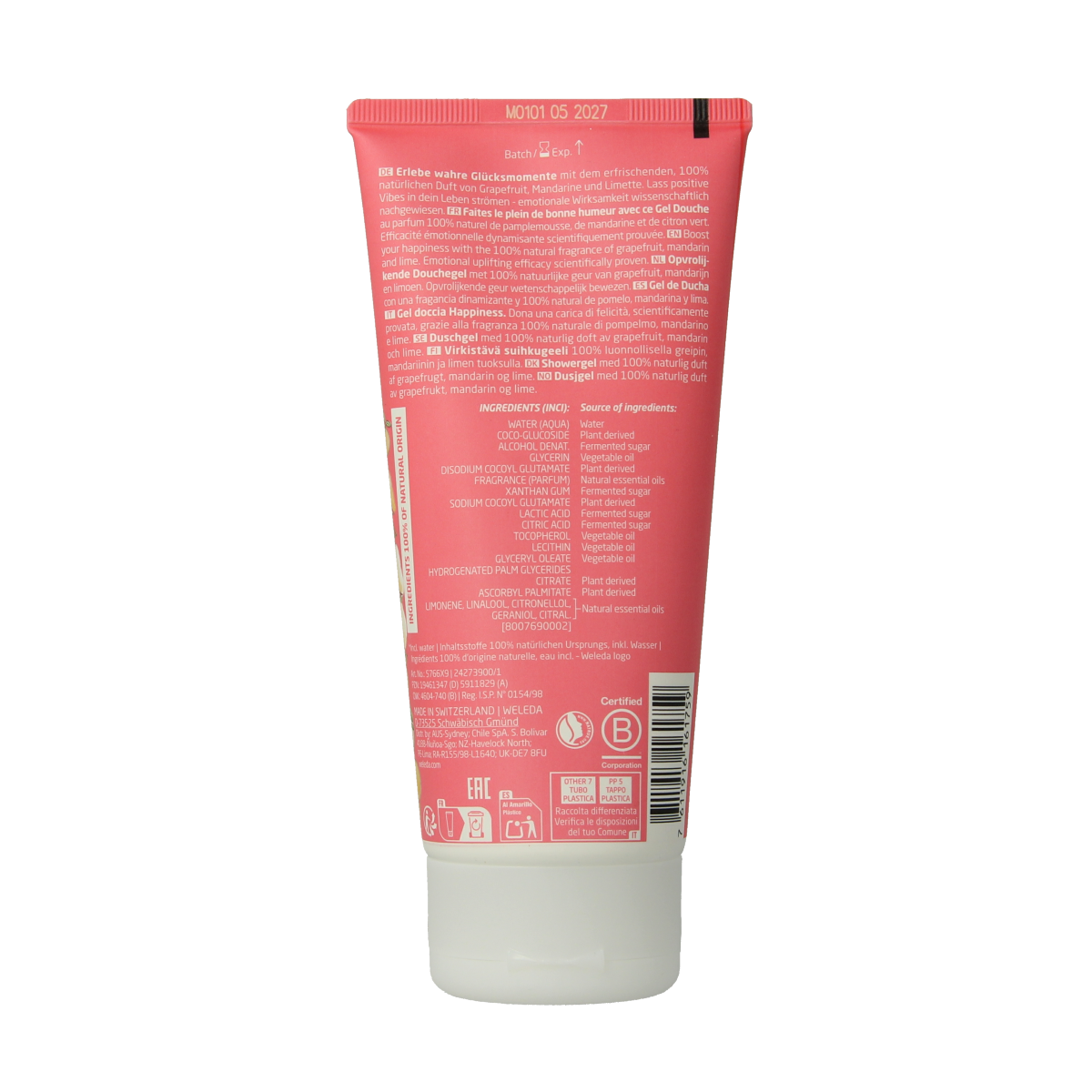 Weleda Happiness limited edition 200ml shower gel and bath product with a refreshing, natural fragrance in a clear bottle.