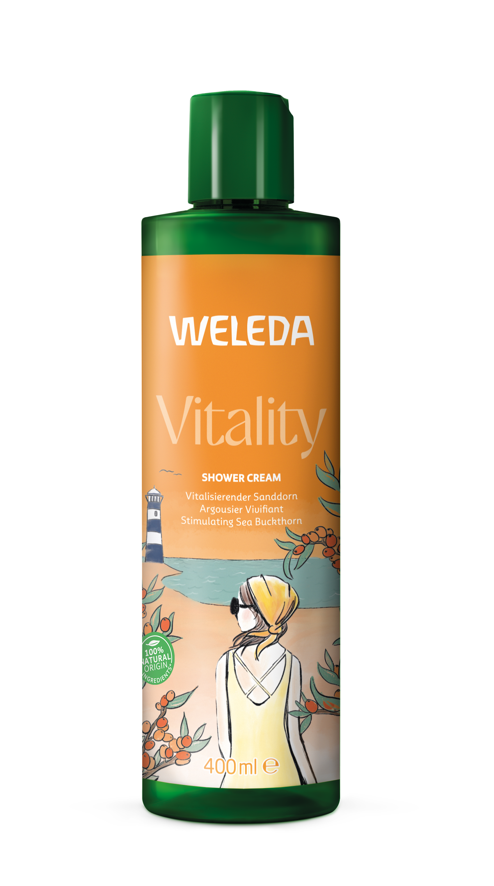 Weleda Vitality Douchecreme Duindoorn Bio, 400ml, natural shower and bath product with bio sea buckthorn extract.