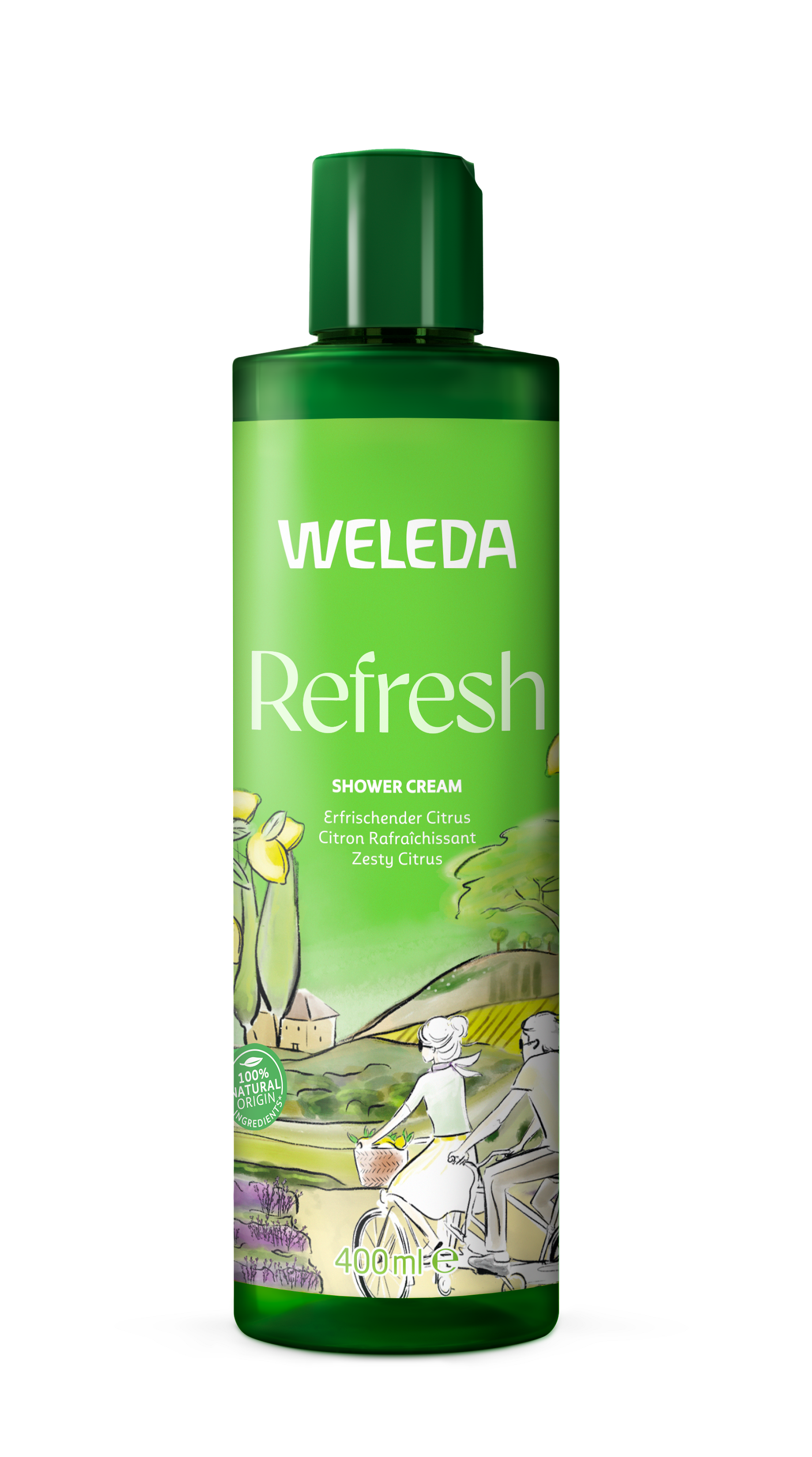 Weleda Refresh citrus bio douchecreme in a 400ml bottle, featuring bright citrus scent and hygienic packaging.