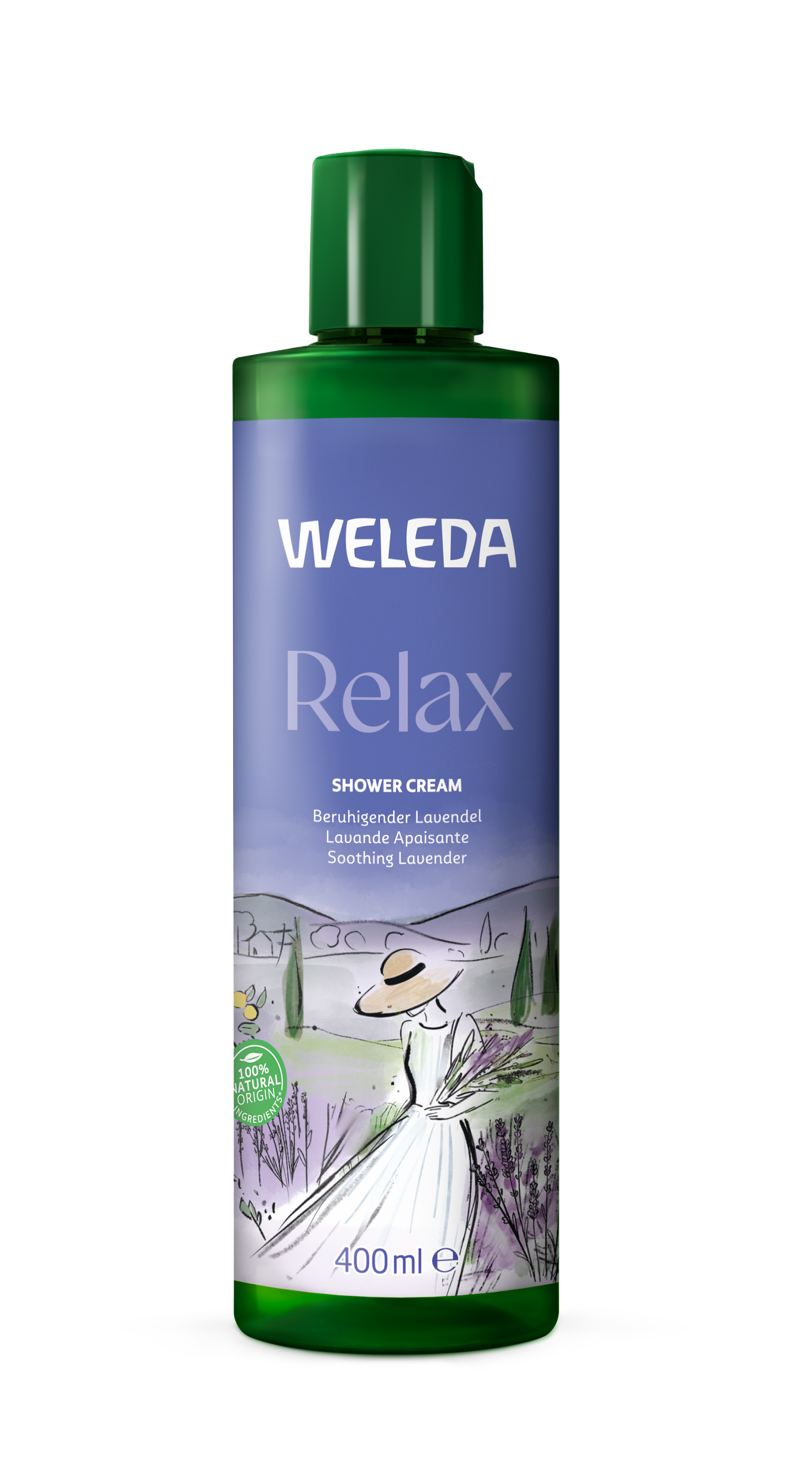 Weleda Relax lavender bio shower cream in a 400ml bottle, gentle for bath and shower use, infused with calming lavender scent.