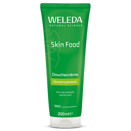 Weleda Skin Food douchecreme bio 200ml, gentle body and shower cream with natural ingredients, in a white bottle.