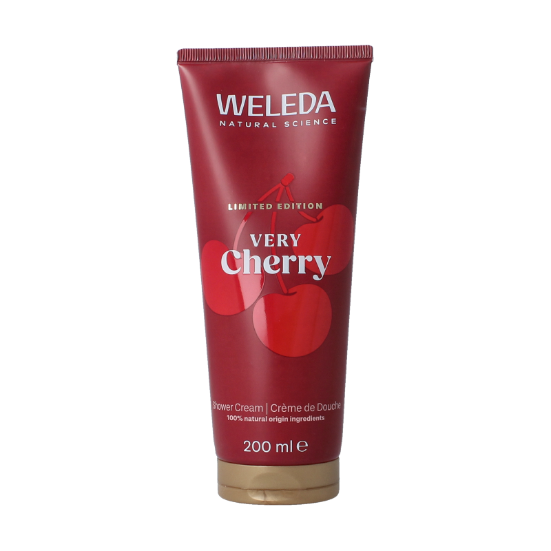 Weleda Very Cherry bio douchecreme bottle with cherry scent, 200ml, for gentle cleansing and nourishing skin.