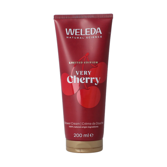 Weleda Very Cherry bio douchecreme bottle with cherry scent, 200ml, for gentle cleansing and nourishing skin.