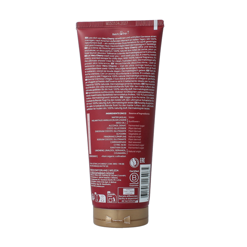 Weleda Very Cherry bio douchecreme in 200ml bottle, featuring natural cherry scent and gentle cleansing for skin.