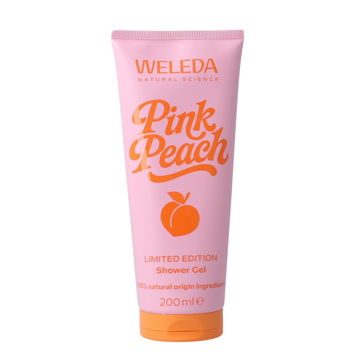 Weleda pink peach limited edition douchegel in 200ml bottle, featuring a soft pink color and floral design.