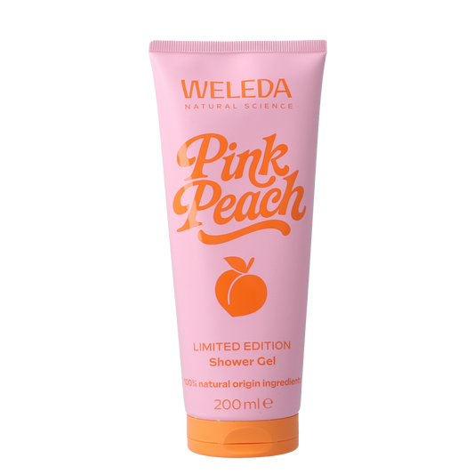 Weleda pink peach limited edition douchegel in 200ml bottle, featuring a soft pink color and floral design.