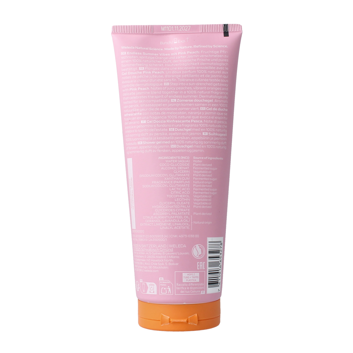 Weleda Pink Peach limited edition 200ml shower gel and body wash in a pink bottle with peach imagery.