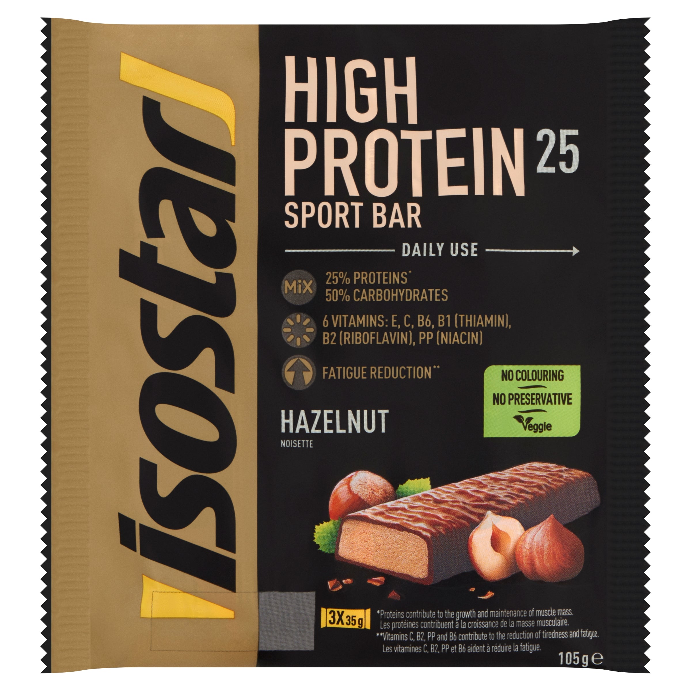 Isostar High Protein 25 Sport Bars Hazelnut 3-pack, showing three snack bars with hazelnut flavor and nutrition label.