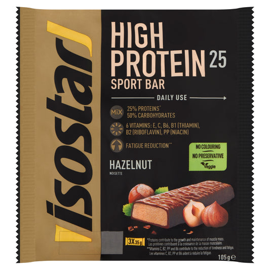 Isostar High Protein 25 Sport Bars Hazelnut 3-pack, showing three snack bars with hazelnut flavor and nutrition label.
