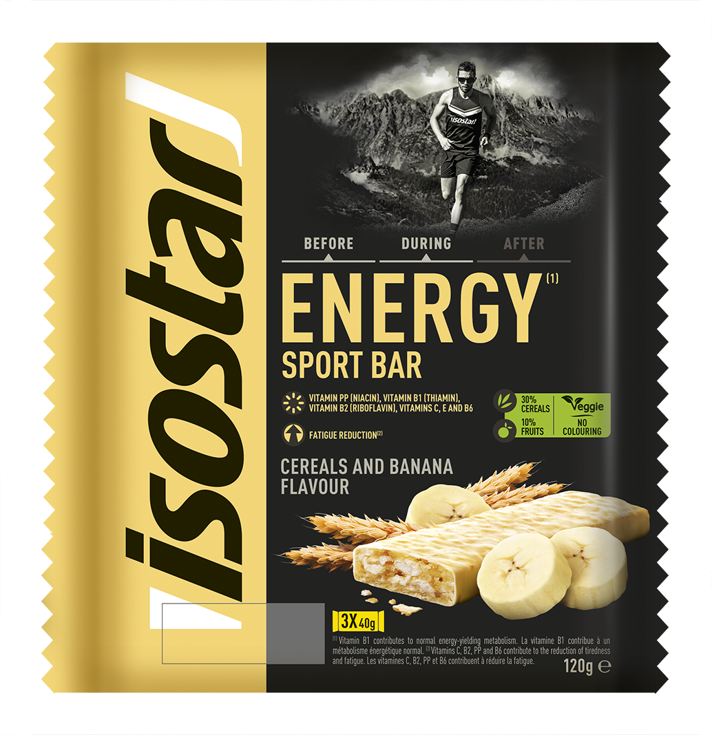 Isostar Energy sport bar with cereals and banana flavor, 120g snack pack, shown in a 3-pack of healthy energy bars.