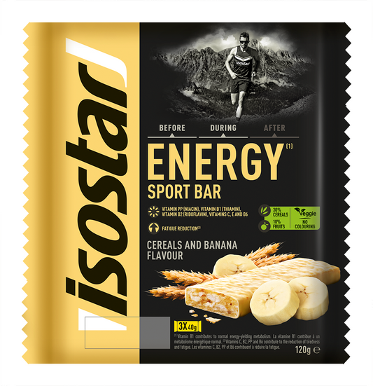 Isostar Energy sport bar with cereals and banana flavor, 120g snack pack, shown in a 3-pack of healthy energy bars.
