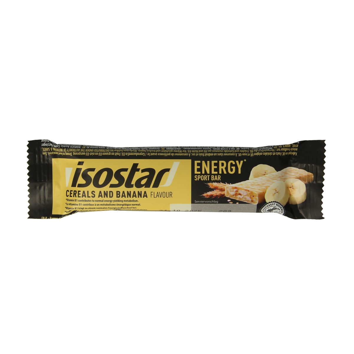 Isostar Energy sport bar with cereals and banana flavor, 40g, showing the snack bar with cereal pieces and banana slices.