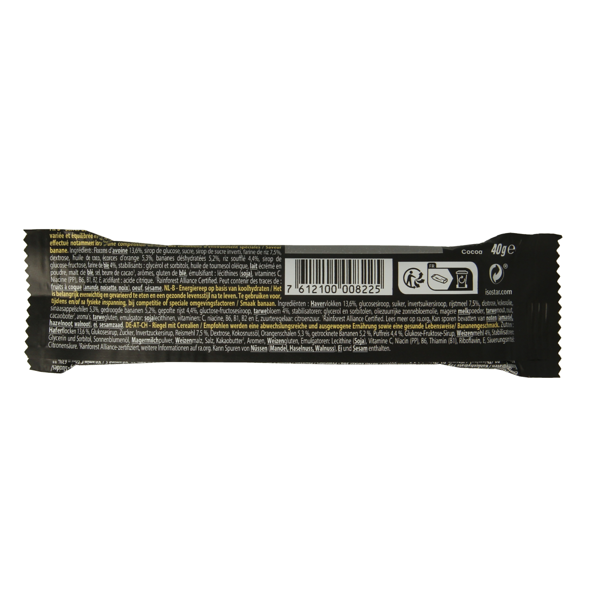 Isostar Energy Sport Bar with cereals and banana, 40g snack bar for athletes and active lifestyles.