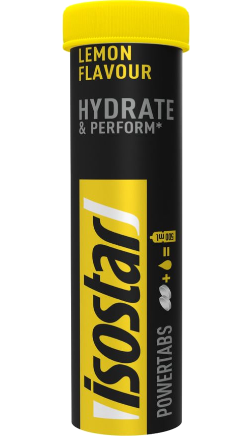 Isostar Powertabs hydrate and perform lemon flavor, 120g drink tablets for sports hydration and energy.