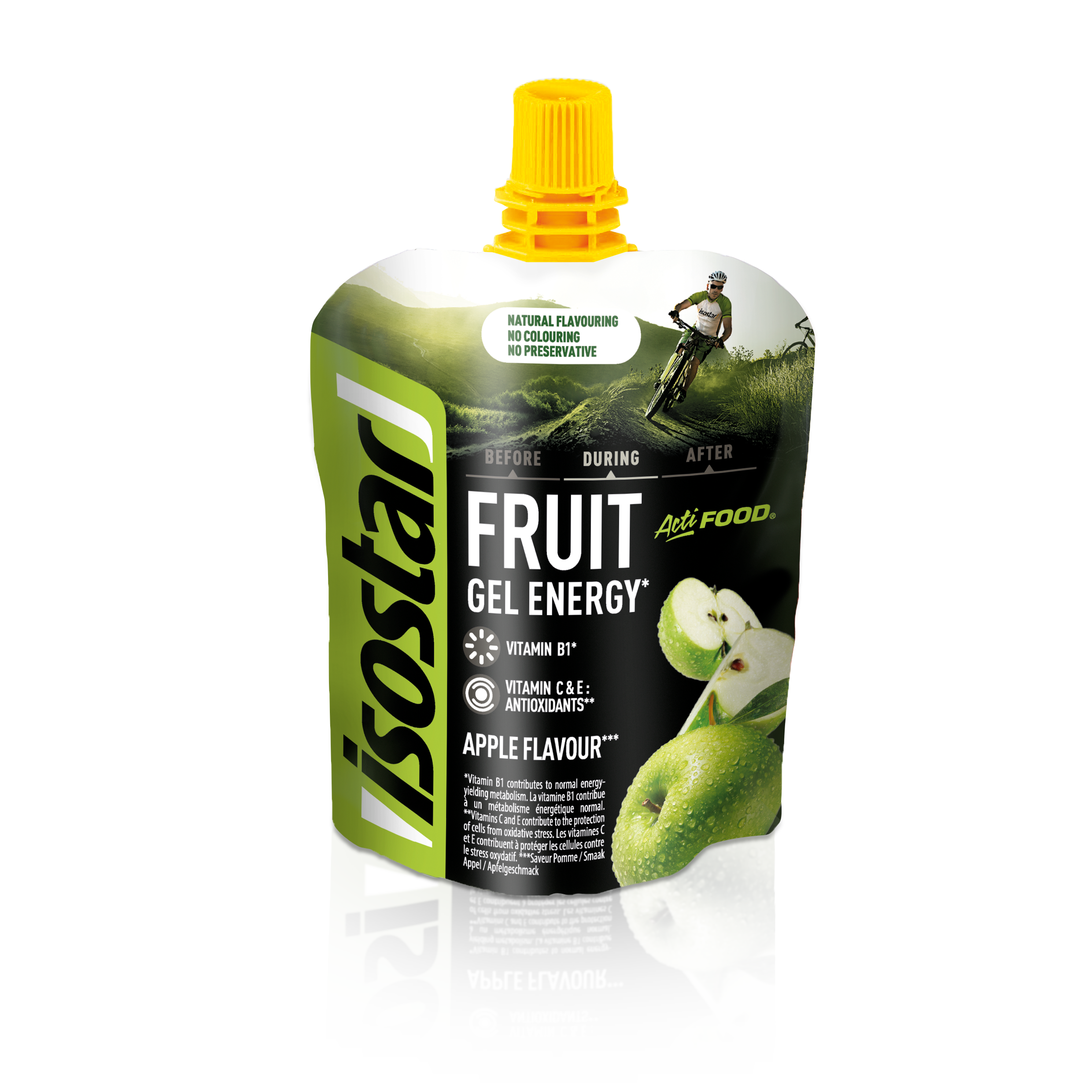 Isostar Actifood apple snack in 90g package, healthy fruit-based tussendoortje with fresh apple flavor.