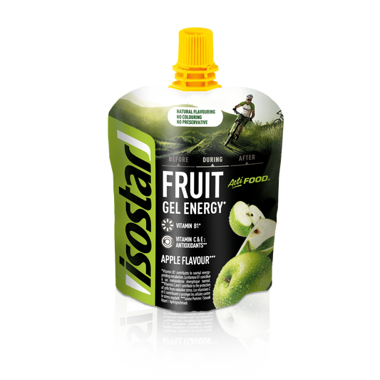 Isostar Actifood apple snack in 90g package, healthy fruit-based tussendoortje with fresh apple flavor.