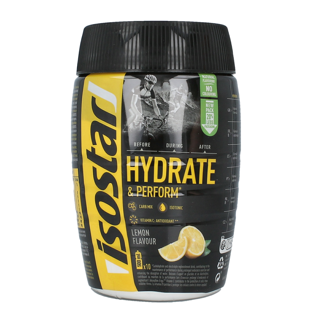 Isostar Hydrate & Perform Lemon sports drink powder in a 400g container, ideal for rehydration and performance support.
