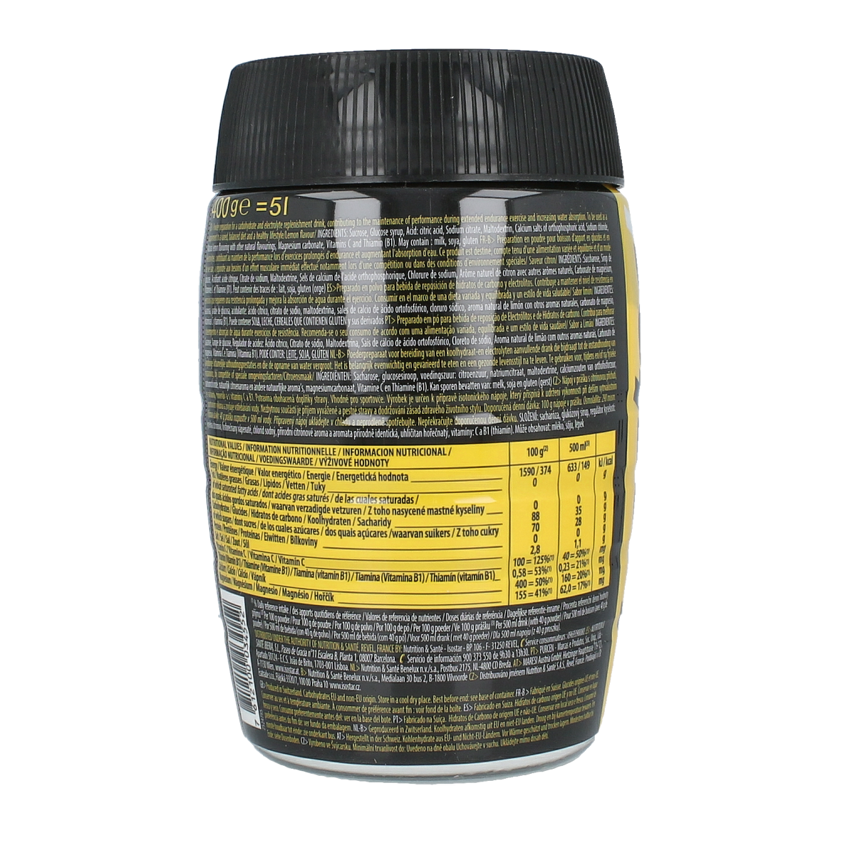 Isostar Hydrate & Perform lemon flavored sports drink powder in a 400g container for rehydration and performance.