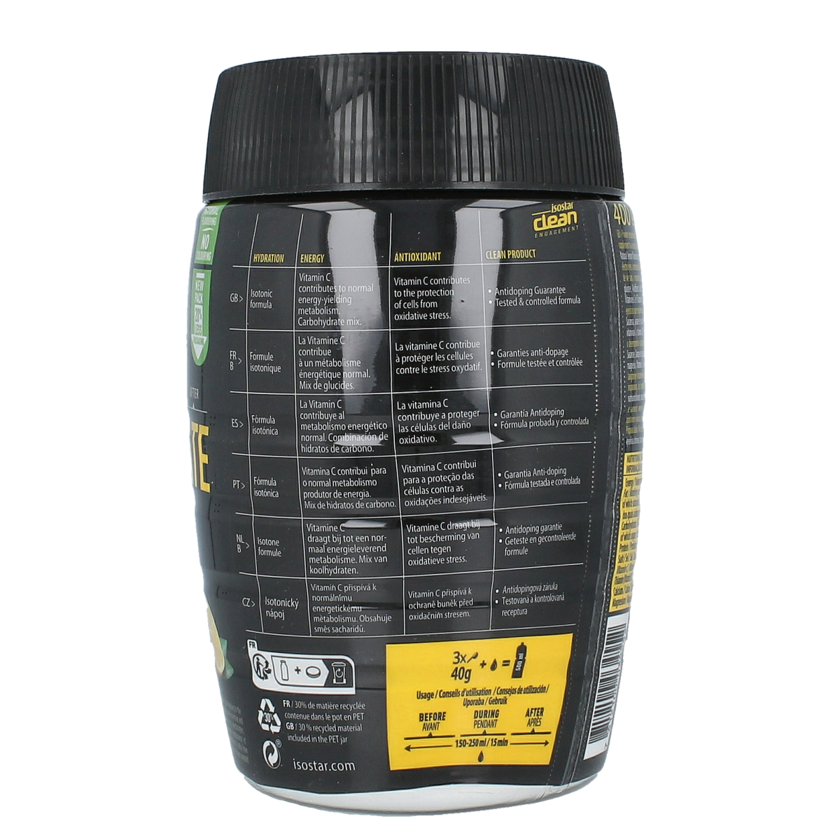 Isostar Hydrate & Perform Lemon sports drink powder in a 400g container, ideal for hydration and energy during exercise.